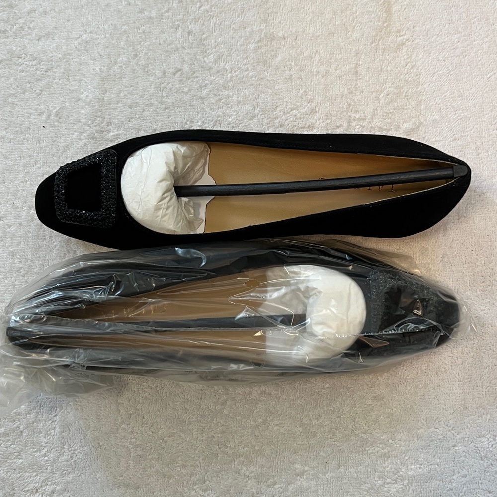 Talbots Black Suede Flats with Embellished Buckle, Size 7.5M